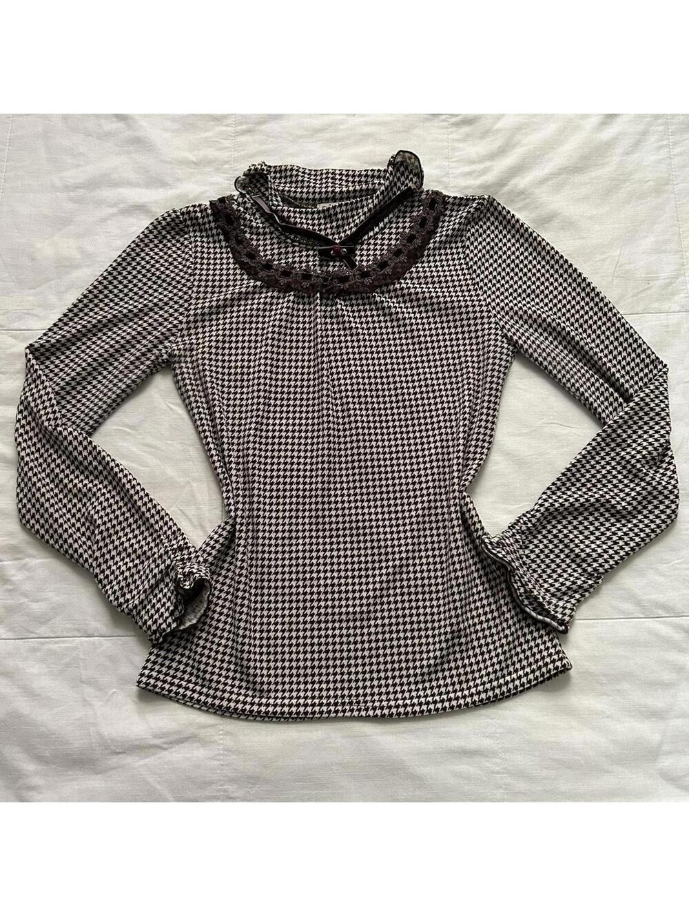 Axes Femme Brown Houndstooth Lace Ruffle Velvet Ribbon Blouse M Japan